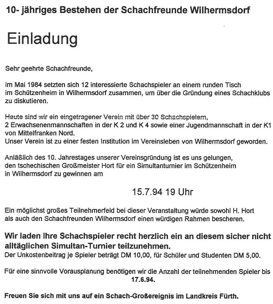 Simultan-Turnier mit Vlastimil Hort, 10 Jahre SF Wilhermsdorf, 1994