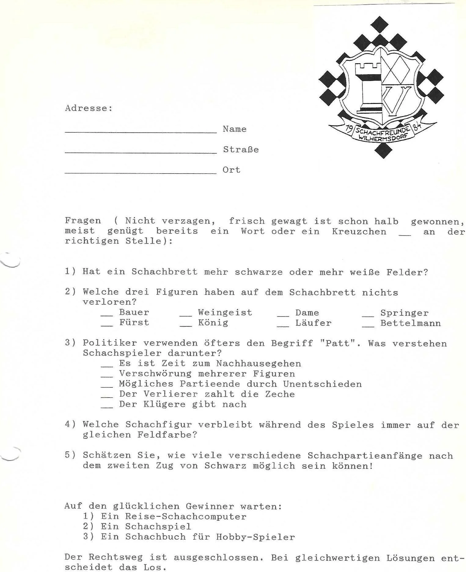Schach-Quiz der Schachfreunde Wilhermsdorf, 1986